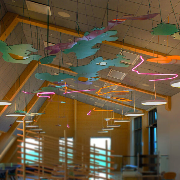 Ljusinstallation med abstrakta sjöformer i LED-neon och akryl med translucent dekor, pendlad takmontering och appstyrd belysning