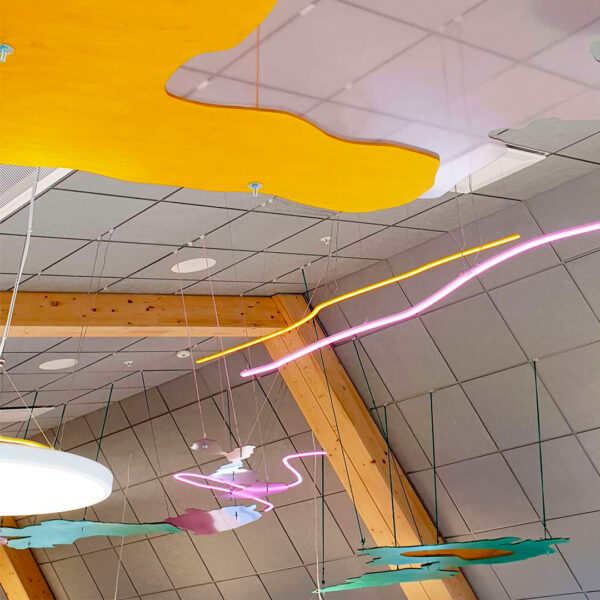 Ljusinstallation med abstrakta sjöformer i LED-neon och akryl med translucent dekor, pendlad takmontering och appstyrd belysning - Bild 5