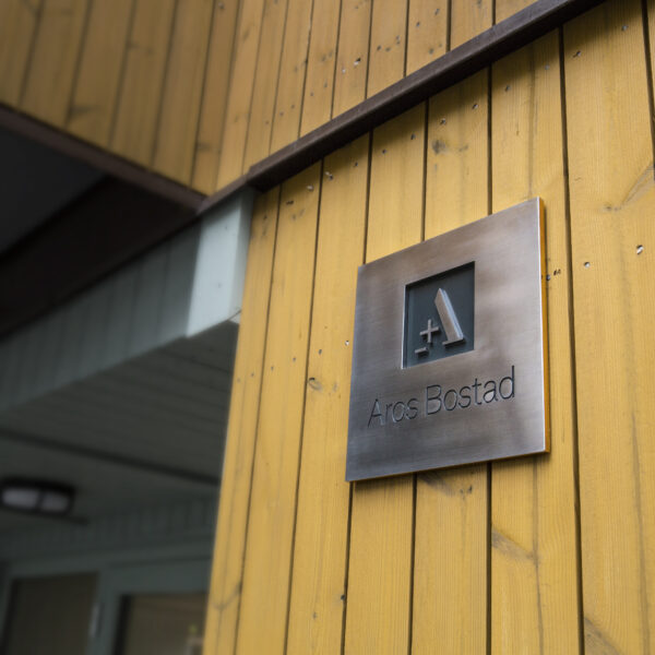 Fastighetsskylt i borstat och polerat rostfritt stål med graverad färgfylld och dekaperad logotyp och text - Bild 3