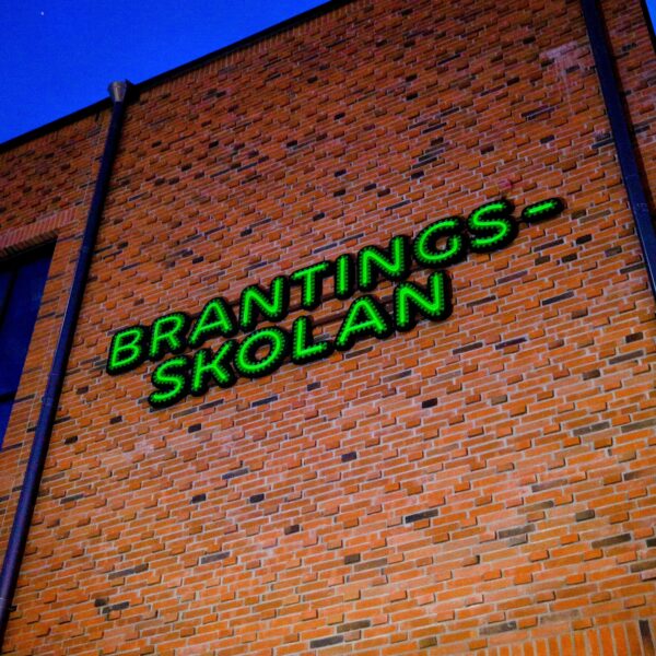 Fasadskylt med individuella profilbokstäver i grön lackerad aluminium, centrerade konturfrästa toppbokstäver och grön LED-neon i rundglansig akryl - Bild 7