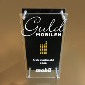 Guld Mobilen Eventpris Statyett i Härdat Glas med Metallplatta