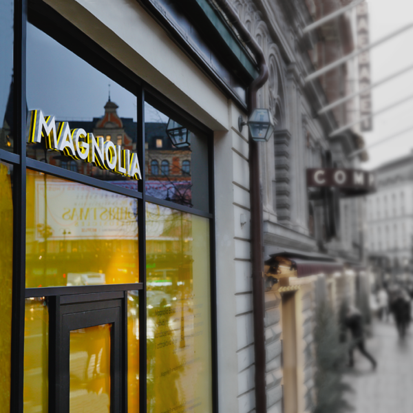 Fasadskylt profilbokstäver i borstat rostfritt stål med LED-belyst bas i gulopal akryl – elegant fasadskylt med sidoeffekt - Bild 7