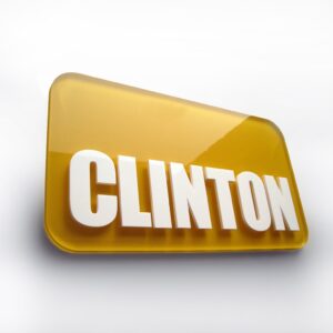 Dörrskylt Clinton i rundfräst akryl med tryck och logotyp