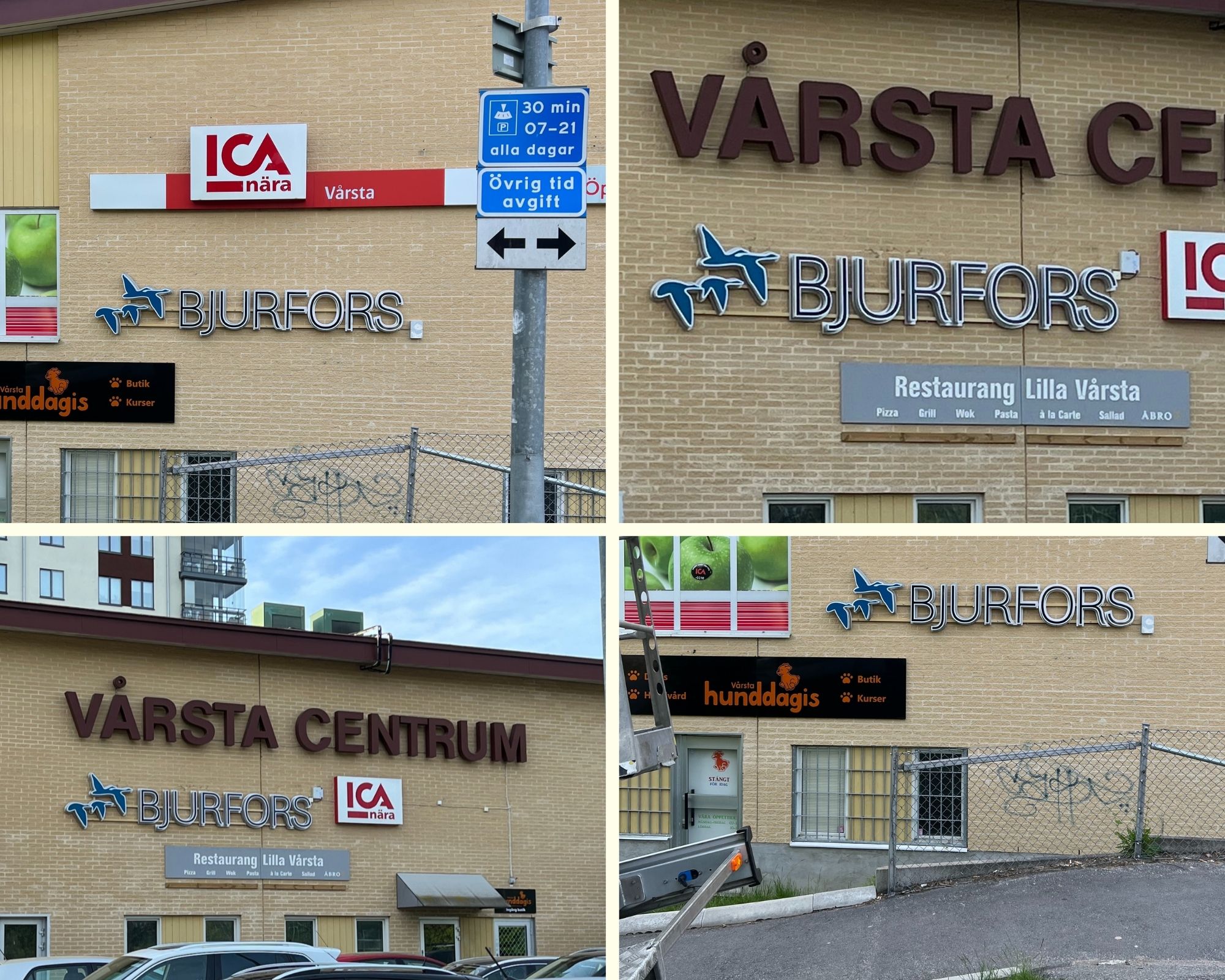 clarex_skyltning_bjurfors_fasadskylt_flaggskylt_rostfrit_ledbelyst_botkyrka