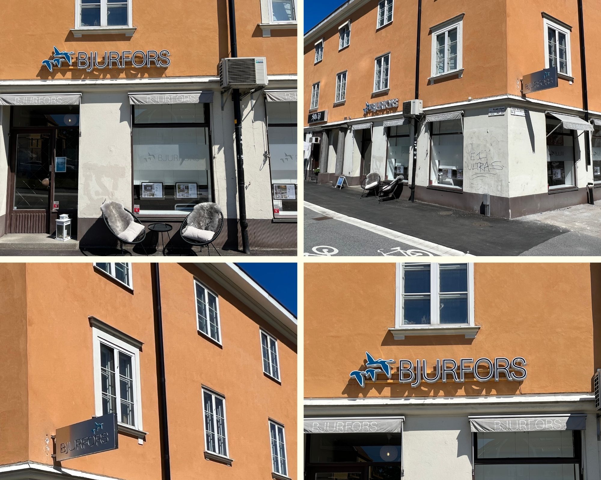 clarex_skyltning_bjurfors_fasadskylt_flaggskylt_rostfrit_ledbelyst_enskede