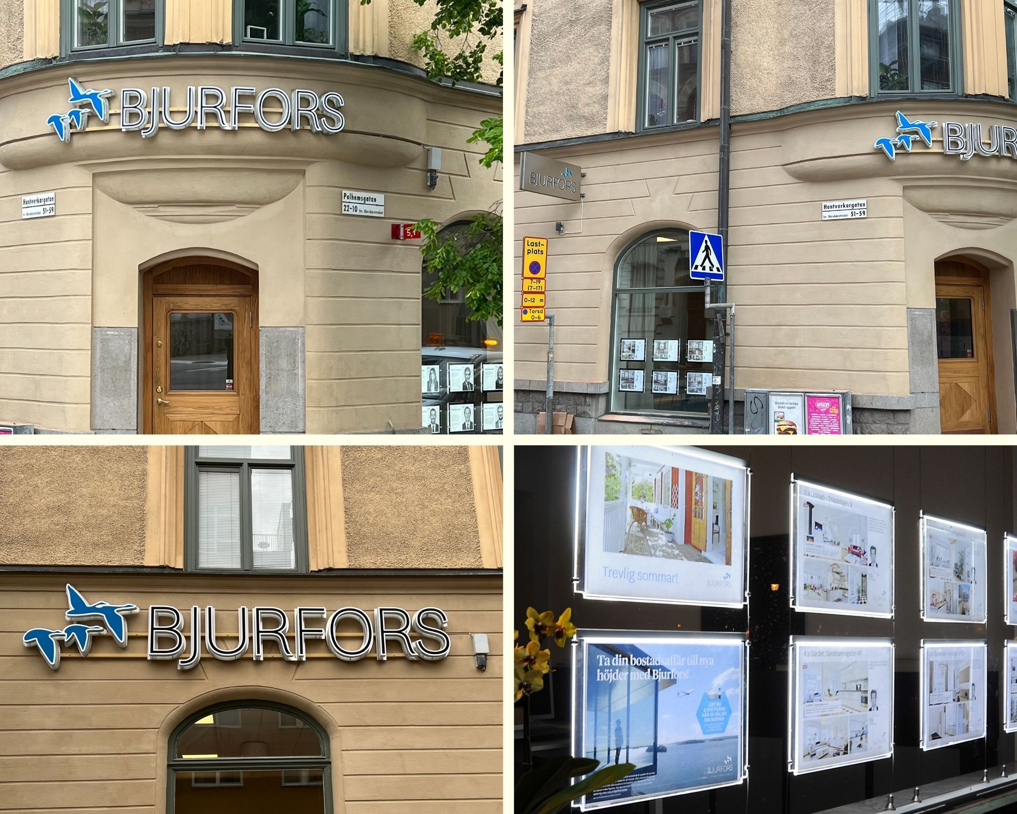 clarex_skyltning_bjurfors_fasadskylt_flaggskylt_rostfritt_maklartavlor_ledbelyst_kungsholmen