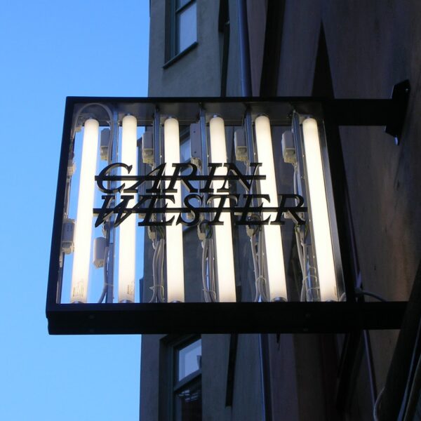 Flaggskylt Carin Wester med synliga lysrör och svart akryl