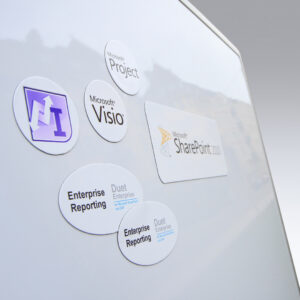SAP – budgetskylt med magnetisk whiteboard och digitaltryckta skyltar