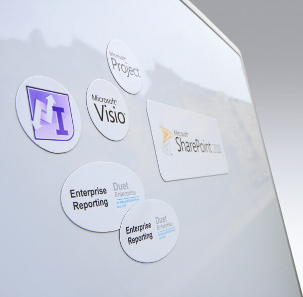 SAP – budgetskylt med magnetisk whiteboard och digitaltryckta skyltar