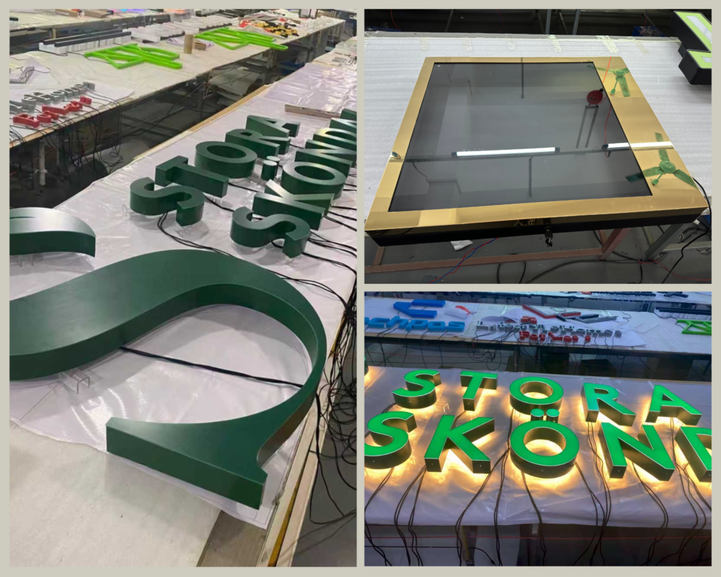 Produktion av grönlackerad profilskylt med LED front- och coronabelysning samt exklusivt skyltskåp i glas och rostfritt stål